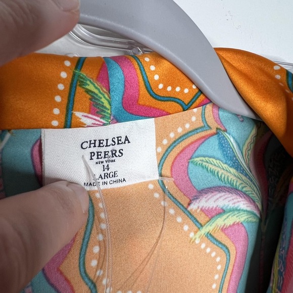 Chelsea Peers Pajama Set Womens Large 14 Orange Tropical Satin 2 Piece Wrap Top - Picture 3 of 16